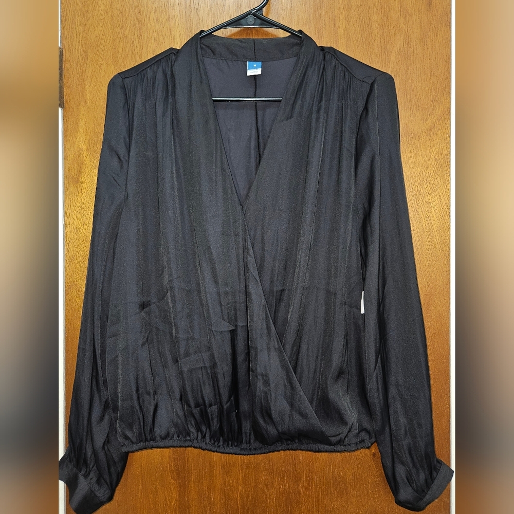 Silky Black Blouse With Deep Neck Drapping, Clasp In Front to Close - NWT